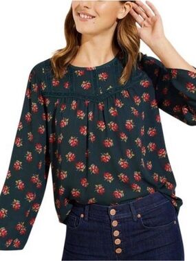 LOFT Dark Green Floral Long-Sleeve Blouse